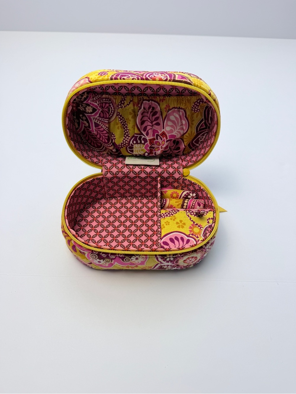 Vera Bradley Jewelry Travel Case Pink Yellow Floral Quilted Zip Organizer Pouch